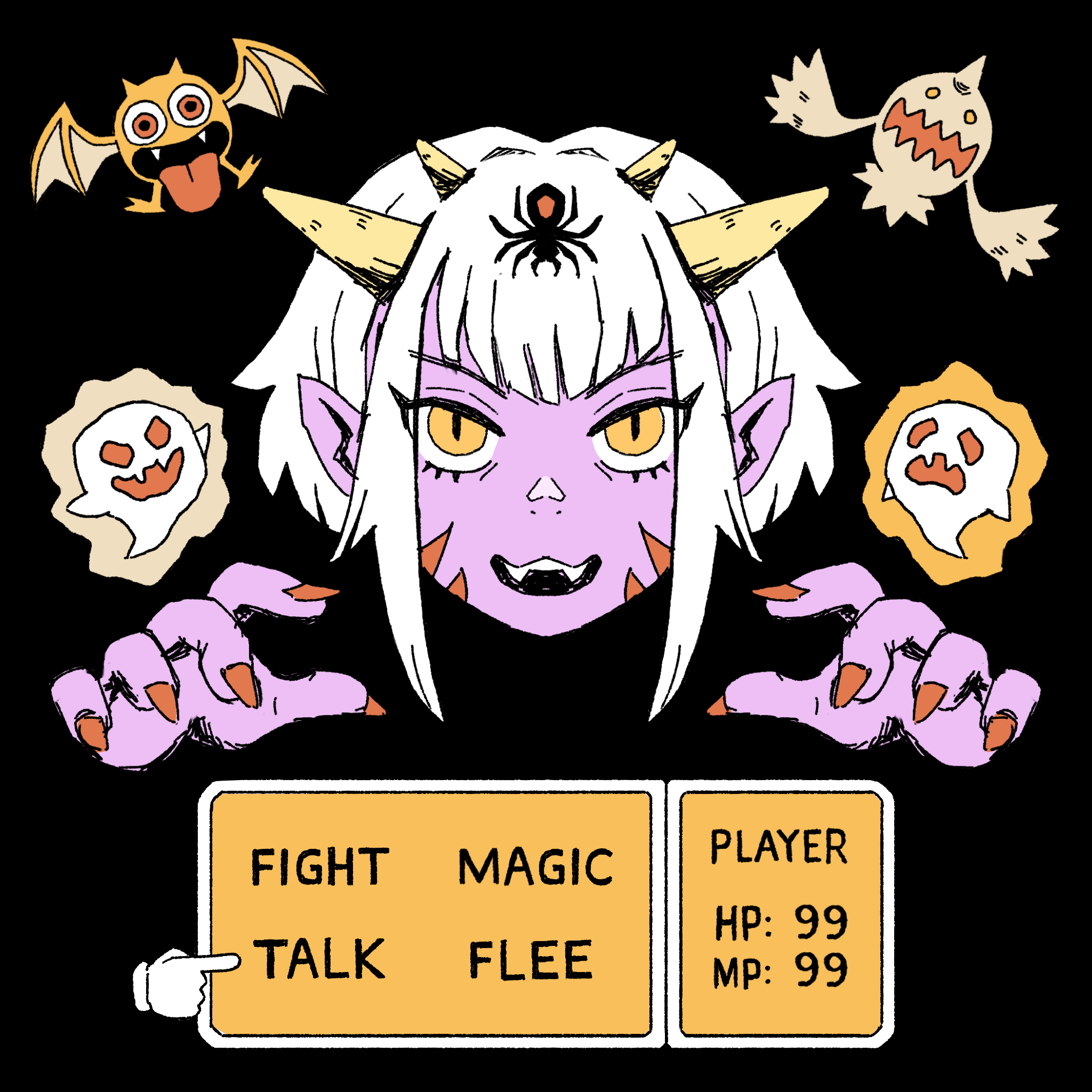 Illustration: RPG style battle screen with disembodied head and hands of a demon queen and her familiars. Text: Fight, Magic, Talk, Flee.